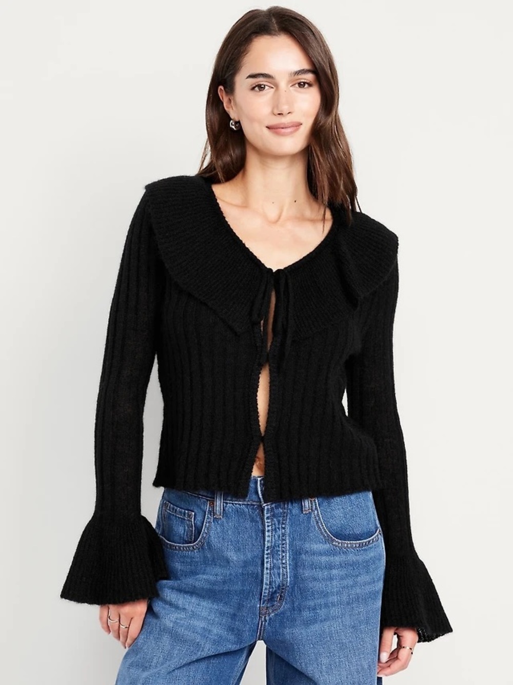 Old Navy Wool Blend Ruffle Cropped Cardigan Sweater size XL Bell Sleeves Goth - Picture 1 of 6